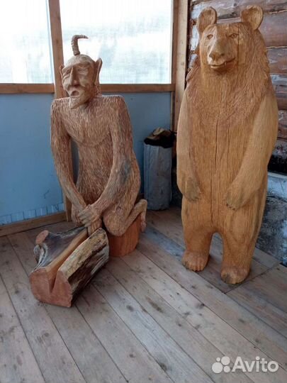 Скульптуры из дерева - 2 медведя, старовер и пушка