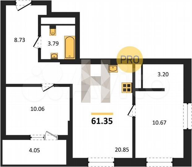 2-к. квартира, 61,4 м², 13/25 эт.