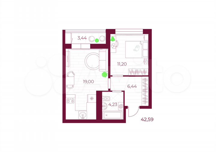 1-к. квартира, 42,6 м², 2/10 эт.