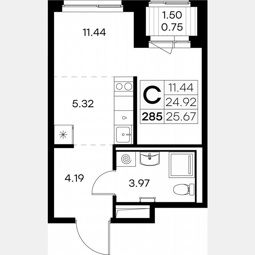 Квартира-студия, 25,7 м², 2/9 эт.