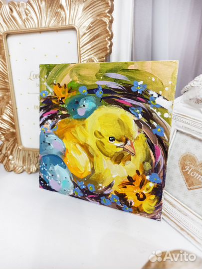 Картина цыпленок в гнезде масло холст живопись