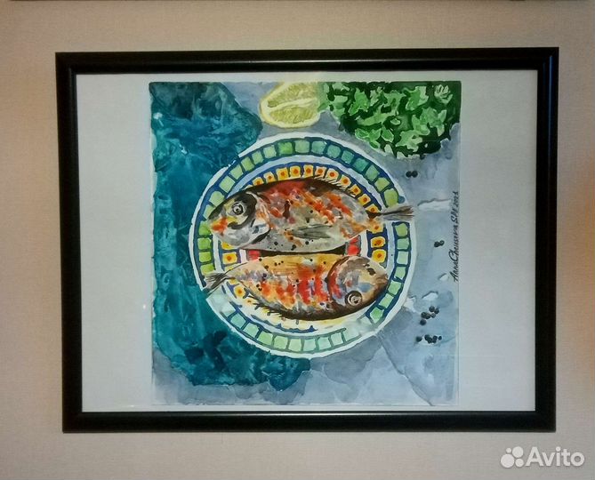 Картина Акварель Натюрморт Рыбы и лимон