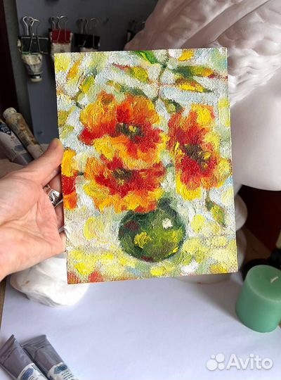 Картина маслом с цветами в вазе маки букет