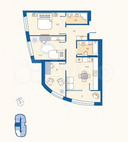 3-к. квартира, 69,5 м², 2/18 эт.