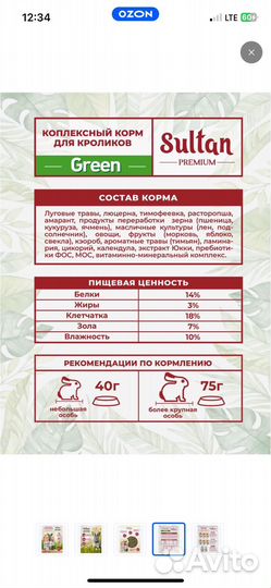 Корм для кроликов Sultan Premium Green