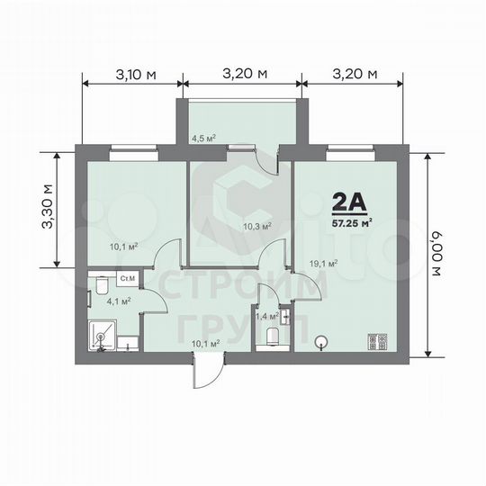 2-к. квартира, 57,3 м², 4/9 эт.