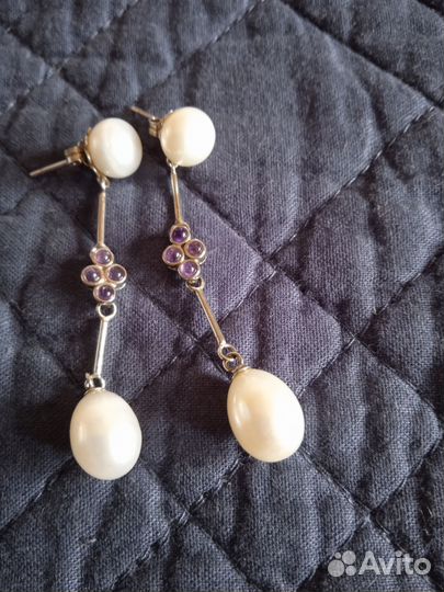 Серебрянные серьги и кулон с жемчугом и аметистом