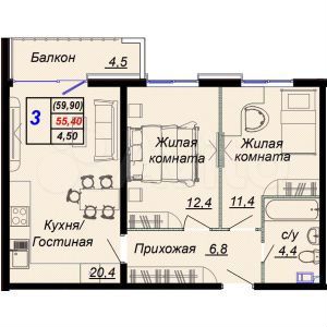 3-к. квартира, 59,9 м², 12/16 эт.