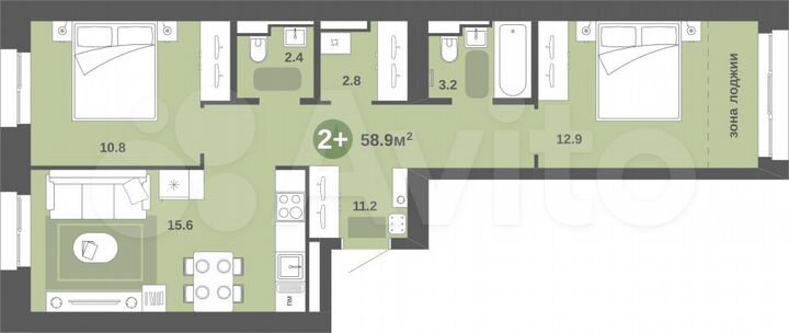 2-к. квартира, 58,9 м², 1/9 эт.