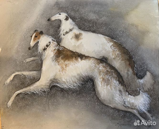 Русские борзые, картина акварель/пастель