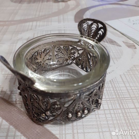 Солонка мельхиор СССР скань с ложечкой