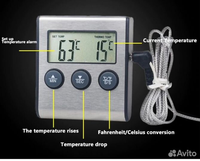 Цифровой Пищевой термометр 250С в выносным щупом