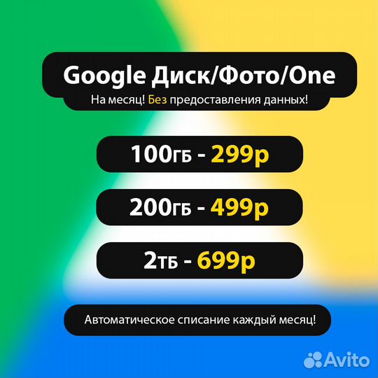 Подписка на месяц в Гугл Диск/Фото/One