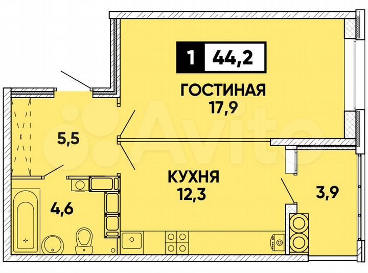 1-к. квартира, 44 м², 19/24 эт.