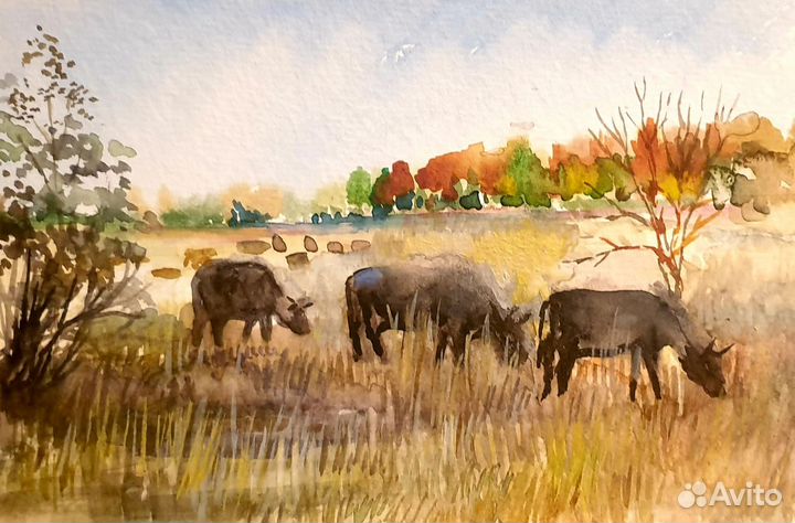 Картина акварелью.Осеняя пора в Подмосковье