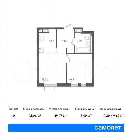 2-к. квартира, 34,2 м², 9/12 эт.