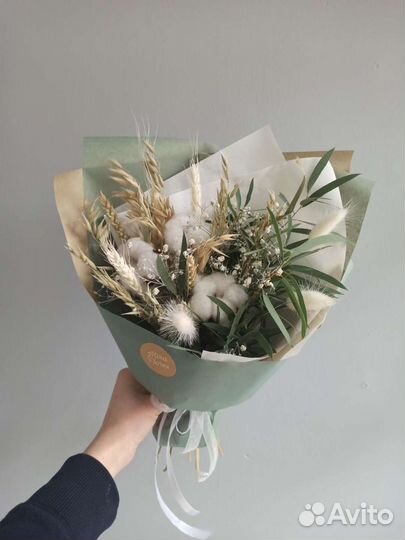 Букет из сухоцветов, хлопок, эвкалипт, гипсофила