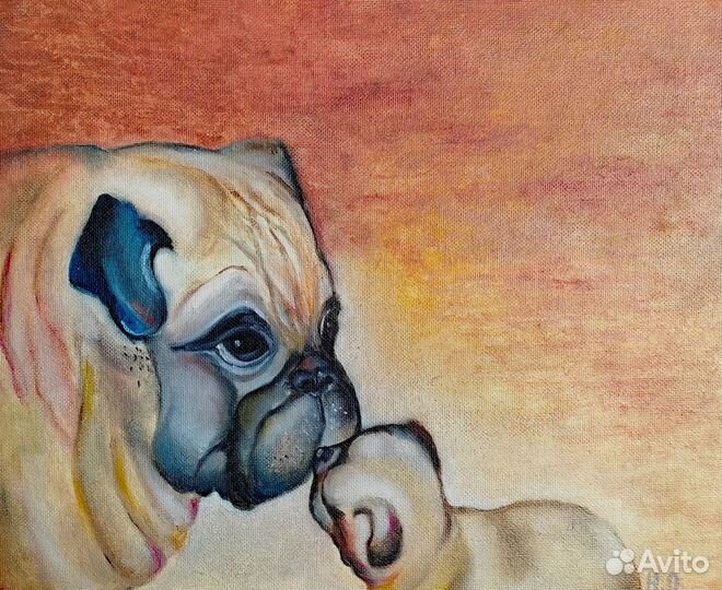 Картина маслом на оргалите (двп) Мопсы