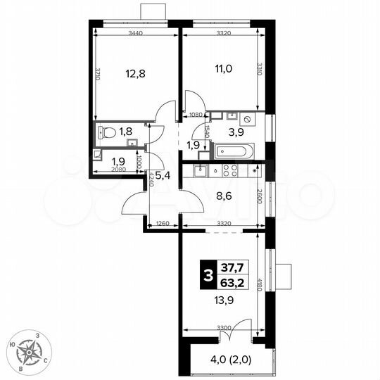 3-к. квартира, 63,2 м², 17/24 эт.