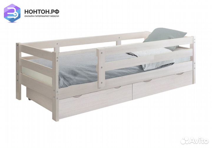 Кровать детская Норка с ящиками и бортиком выбелен