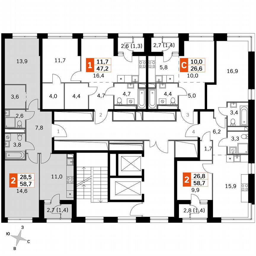 2-к. квартира, 58,6 м², 6/6 эт.