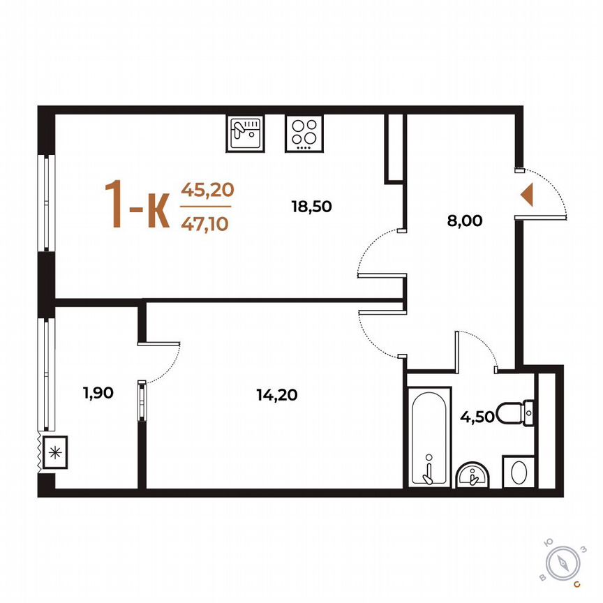 1-к. квартира, 47,1 м², 3/8 эт.