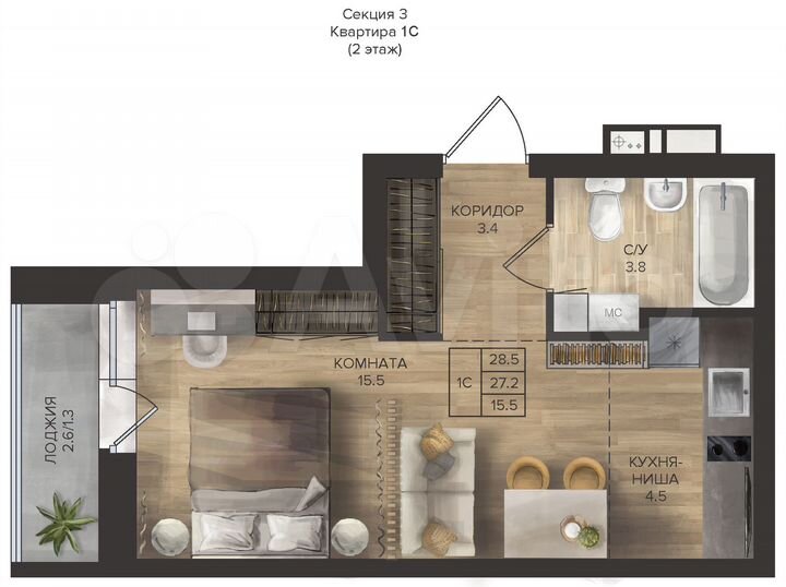 Квартира-студия, 28,5 м², 2/16 эт.