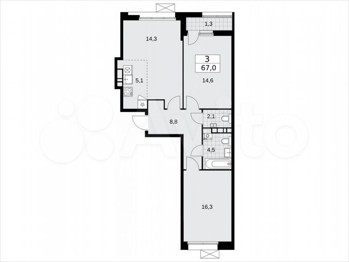 3-к. квартира, 67 м², 8/8 эт.