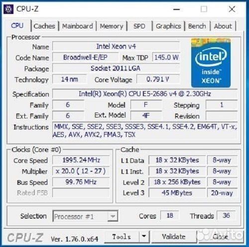 Intel Xeon E5 2686V4 SR2K8 18 Core 2.3Ghz 45MB