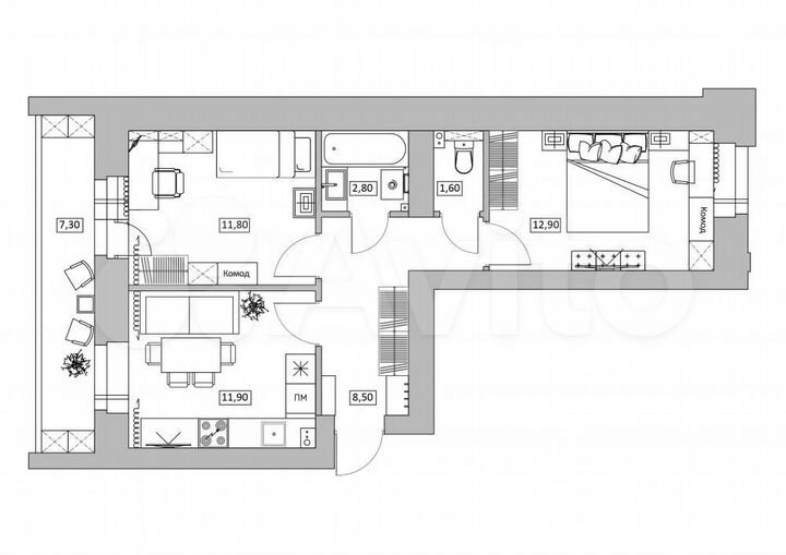 2-к. квартира, 57,1 м², 6/10 эт.