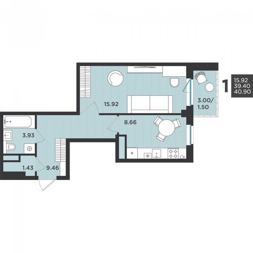 1-к. квартира, 40,9 м², 4/4 эт.