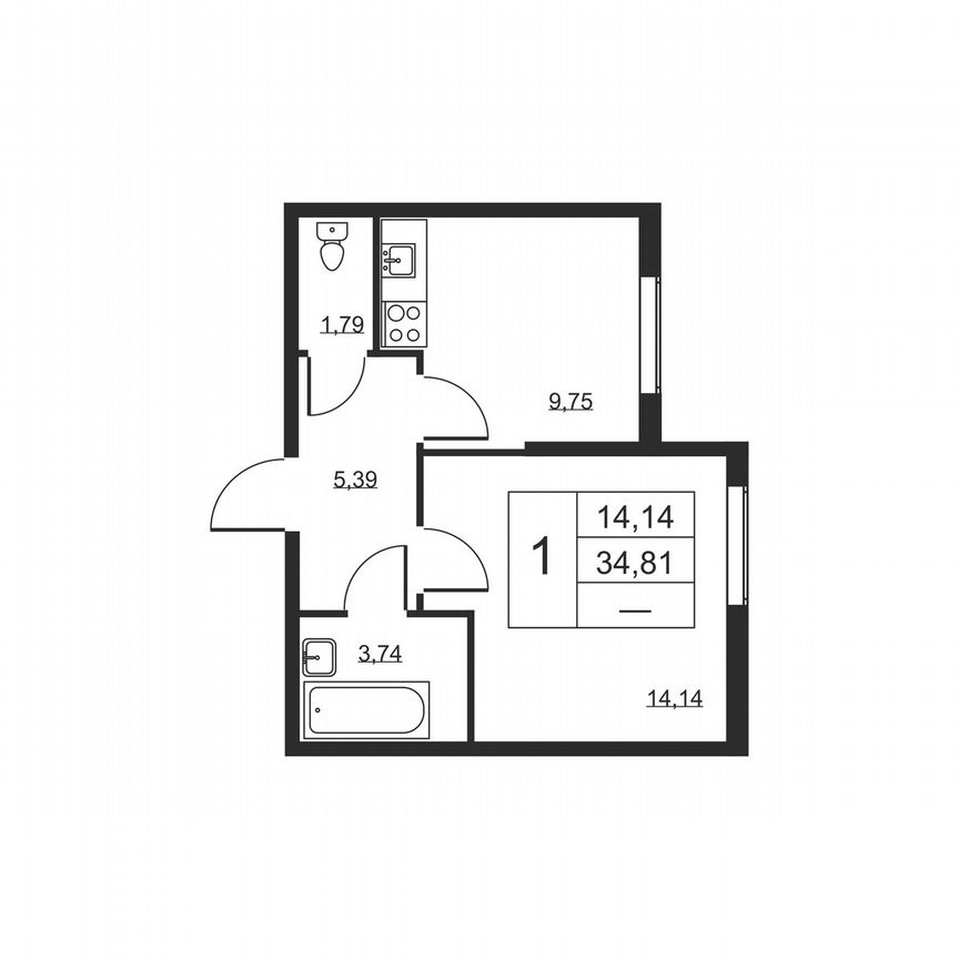 1-к. квартира, 34,8 м², 2/19 эт.