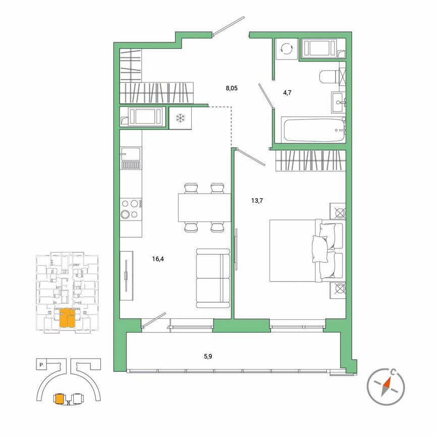 1-к. квартира, 45,8 м², 19/25 эт.
