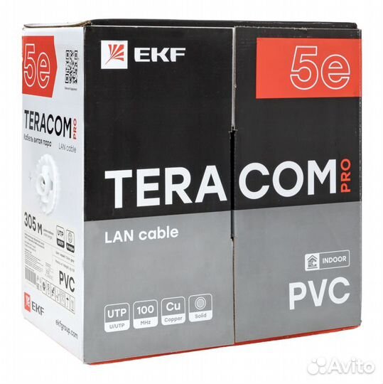 Кабель витая пара U/UTP кат.5E 4 пары 24 AWG solid PVC сер. teracom PRO PRO EKF TRP-5eutp-04PVC-GY-I