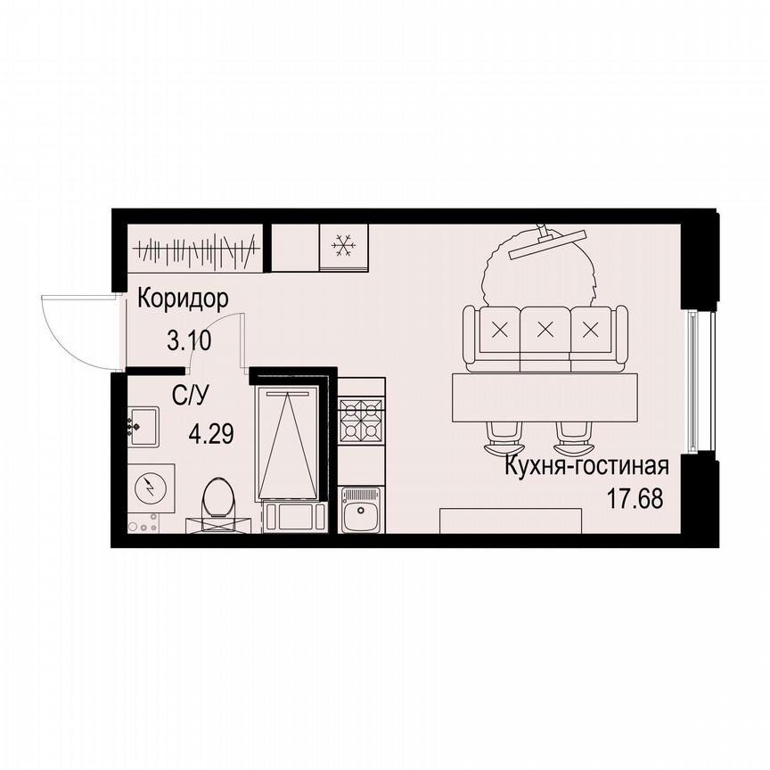 Квартира-студия, 25,1 м², 3/6 эт.