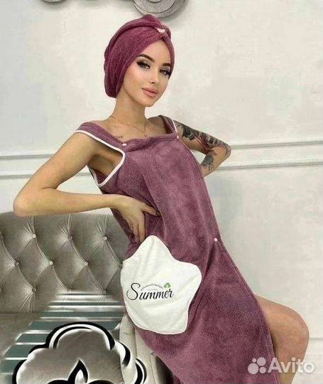 Женский халат -полотенце с чалмой