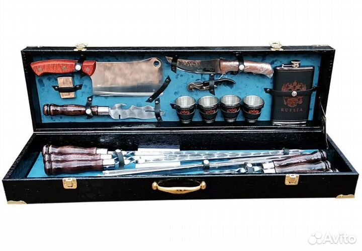 Набор для шашлыка в кейсе №8. Синий велюр