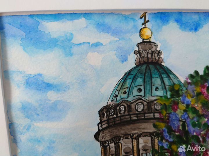 Картина акварелью Казанский собор, Питер