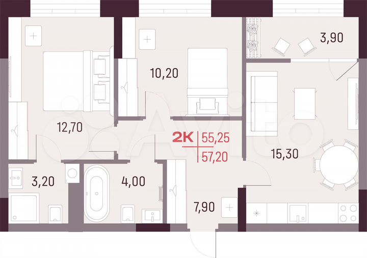 2-к. квартира, 55,3 м², 7/25 эт.
