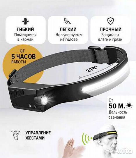 Фонарик налобный светодиодный с датчиком движения