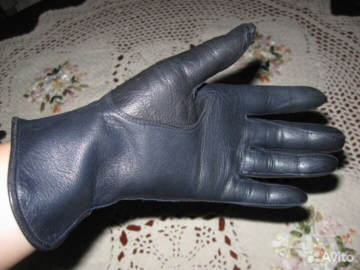 Перчатки винтажные женские кожа Европа синие