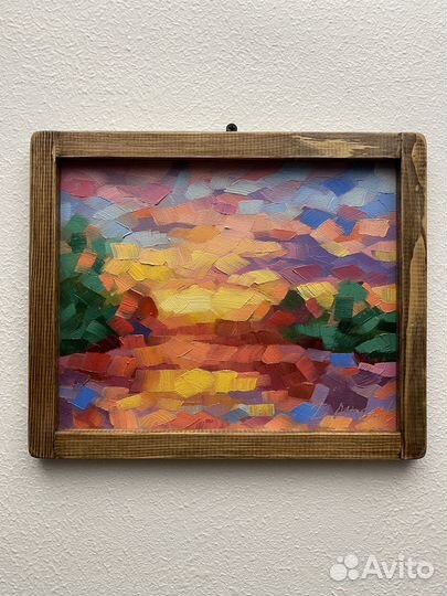 Картина маслом раме 23х28см закат у воды