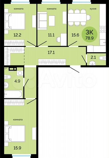 3-к. квартира, 78,9 м², 3/17 эт.