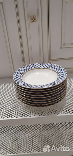 Тарелка кобальтовая сетка с золотом лфз