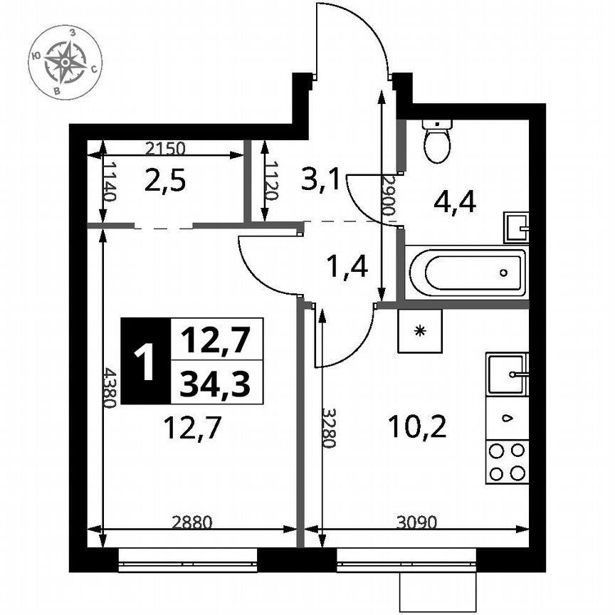 1-к. квартира, 34,3 м², 2/16 эт.