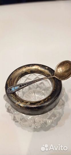 Старинная хрустальная солонка с ложечкой