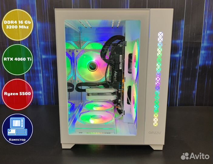 Мощный пк 2024 AMD5500-RTX4060Ti-16DDR4-PSN452-A520