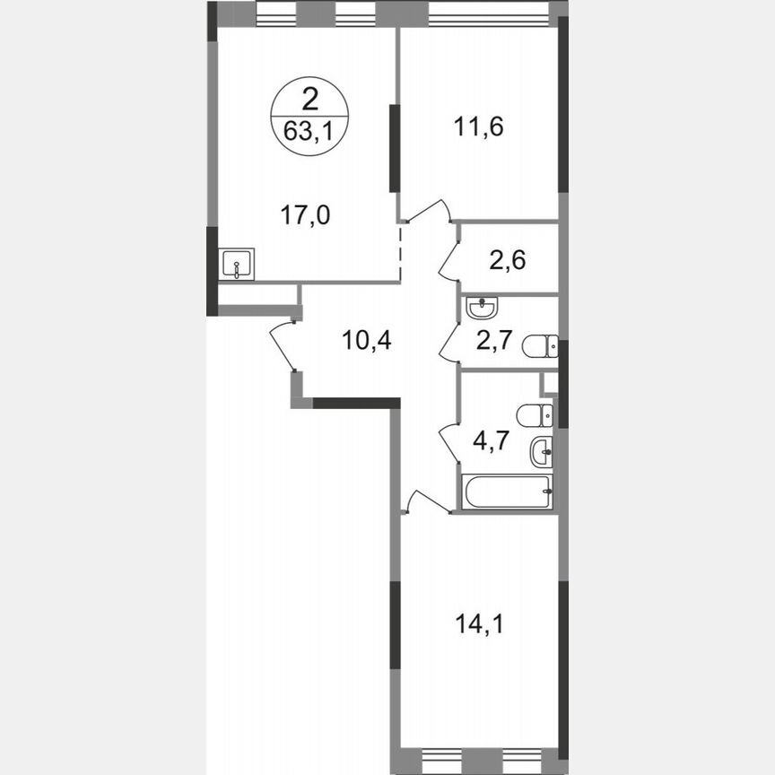 2-к. квартира, 63,1 м², 2/17 эт.