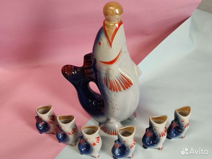 Штоф рыба СССР графин рюмки рыбки фарфор