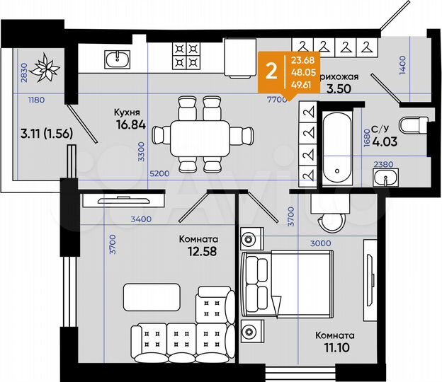 2-к. квартира, 48,8 м², 8/9 эт.